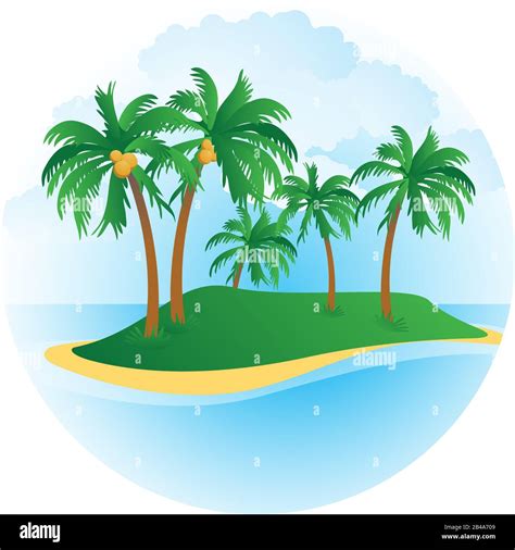 Illustration Of A Small Desert Island With Palm Trees Sea And Beach