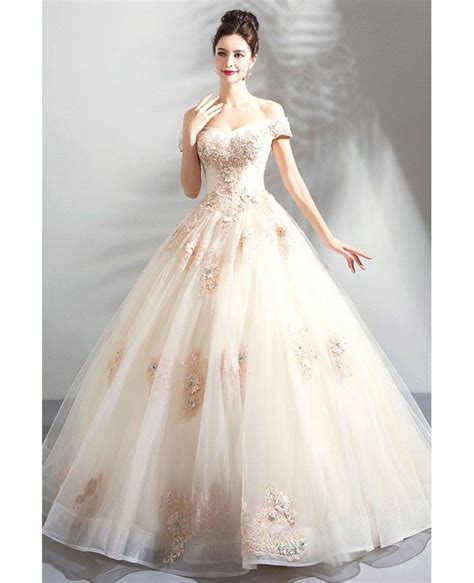 Stunning Nude Pink Ball Gown Wedding Dress Off Shoulder With Lace Wholesale T69065 GemGrace