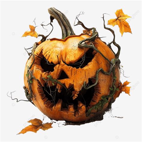 Angry Halloween Pumpkin With Fallen Leaves And Vines Halloween