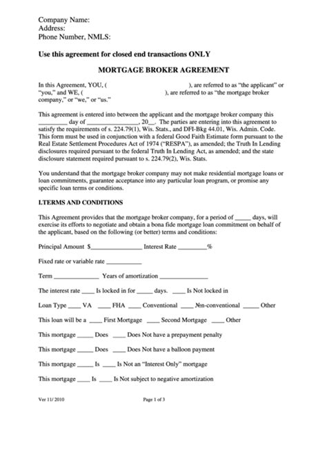 Fillable Mortgage Broker Agreement Template Printable Pdf Download