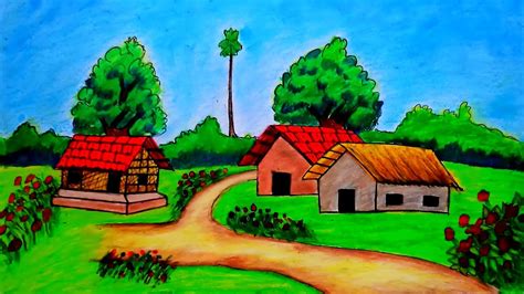 How to Draw Beautiful Village Landscape Scenery | House Village Scenery ...