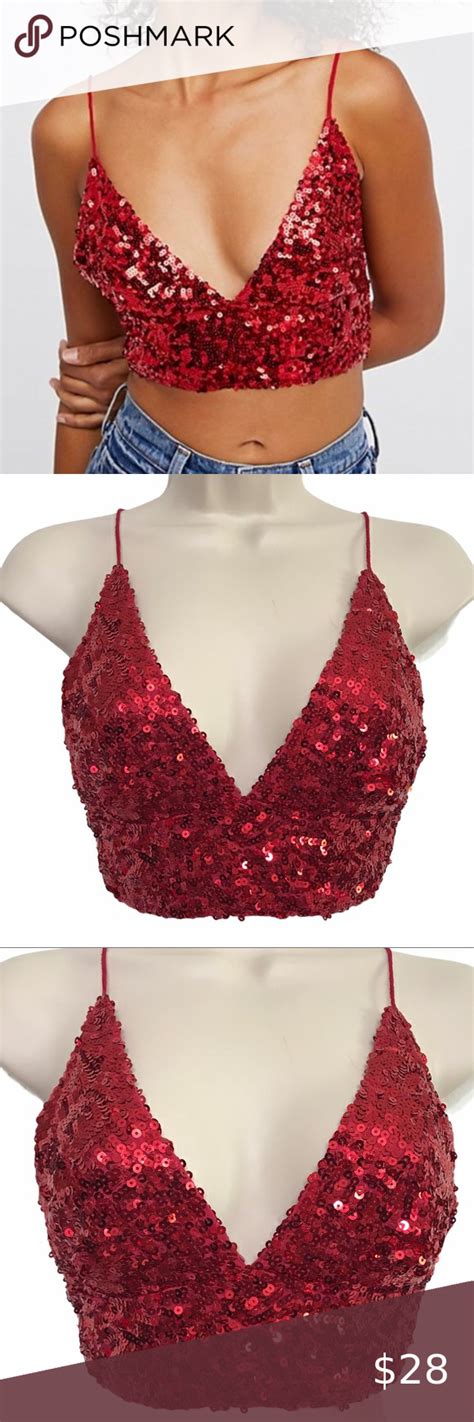 Free People Red Sequin Festival Crop Top Bralette Sequin Crop Top