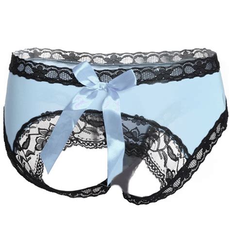 Women Sexy Open Butt Panties Big Bowknot Floral Lace Trim Hollow