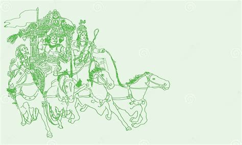 Sketch Of Lord Krishna And Arjuna In A Horse Chariot And Scenes Of