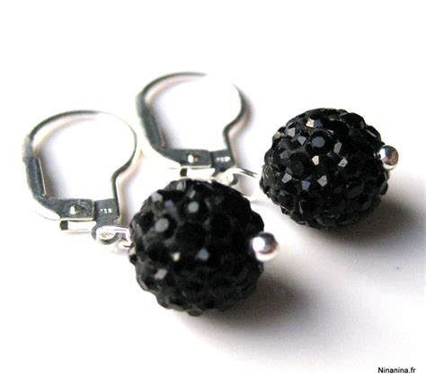 Boucles D Oreilles Dormeuses Boules Argent 925 Cristal Noir Ninanina