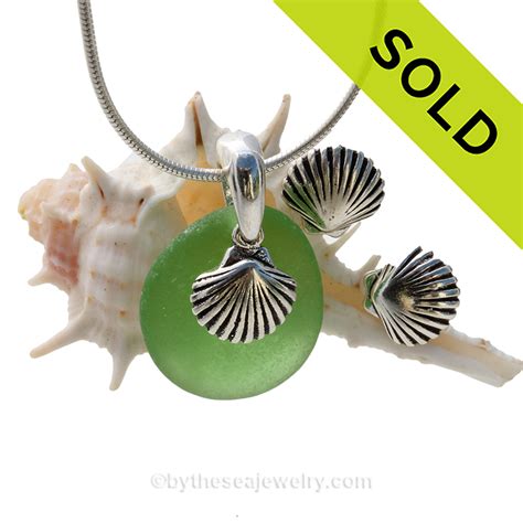 Seaweed Green Sea Glass Set With Sterling Shells & Matching Post Earrings