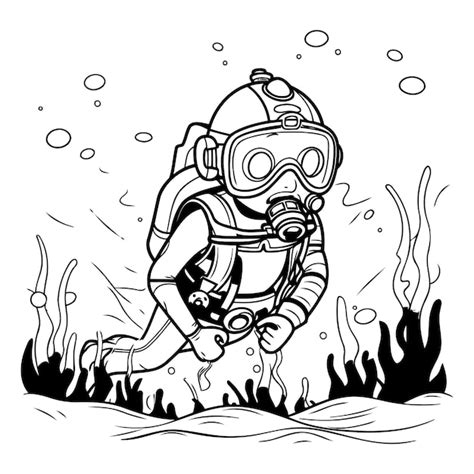 Premium Vector | Scuba diver in the sea black and white vector illustration