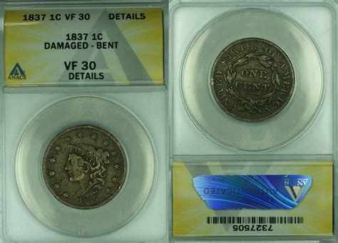 coins  coronet head large cent anacs vf  details damaged bent