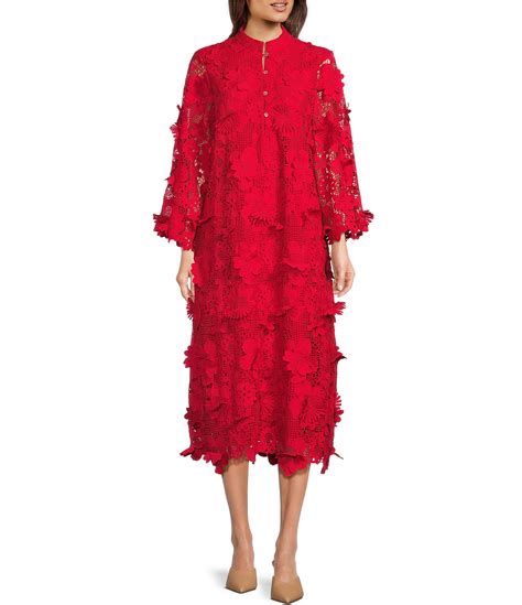 J Marie Seraphina Floral Long Sleeve D Lace Mandarin Collar Midi Dress