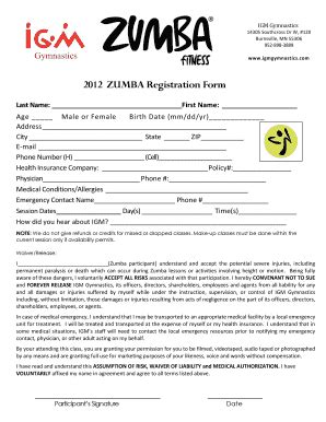 Fillable Online Zumba Registration Form Igm Gymnastics Fax Email