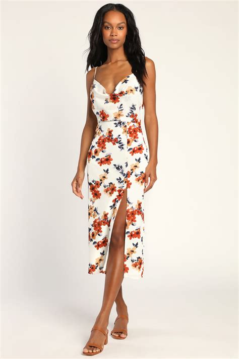 White Floral Print Midi Dress Cowl Neck Dress Side Slit Dress Lulus