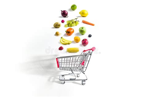 Grocery Shopping Cart With Vegetables And Fruits. Isolated On White ...