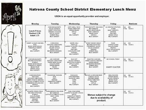 Bar Nunn Elementary School: April Lunch Menu