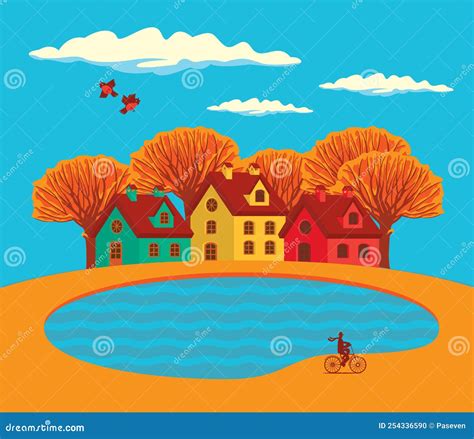 Autumn Landscape With Yellowed Trees Clouds In The Sky Stock Vector