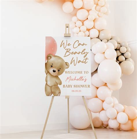 Teddy Bear And Pink Balloons Themed We Can Barely Wait Baby Shower