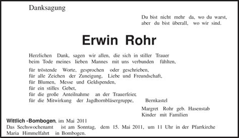 Traueranzeigen Von Erwin Rohr Trauer De