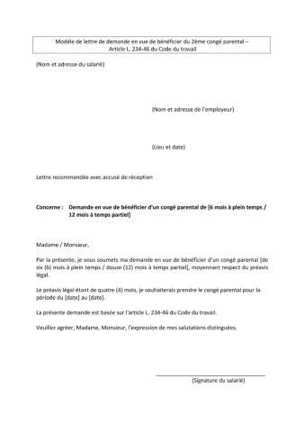 Lettre de demande en vue de bénéficier du 2ème congé parental