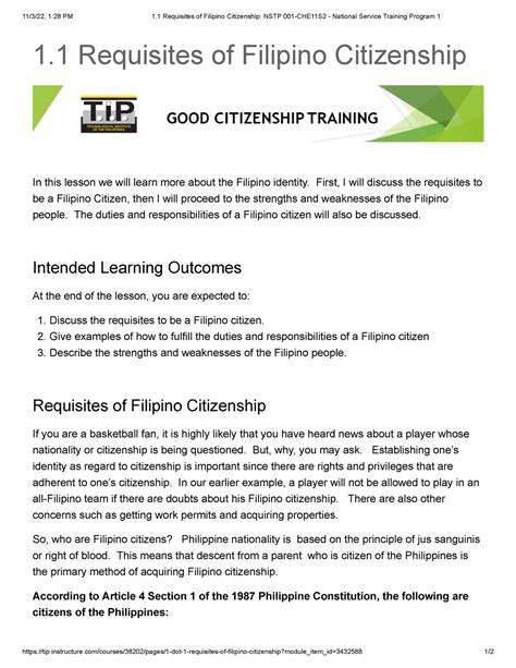 1 1 Requisites Of Filipino Citizenship Nstp 001 Che11s2 National Service Training Program 1