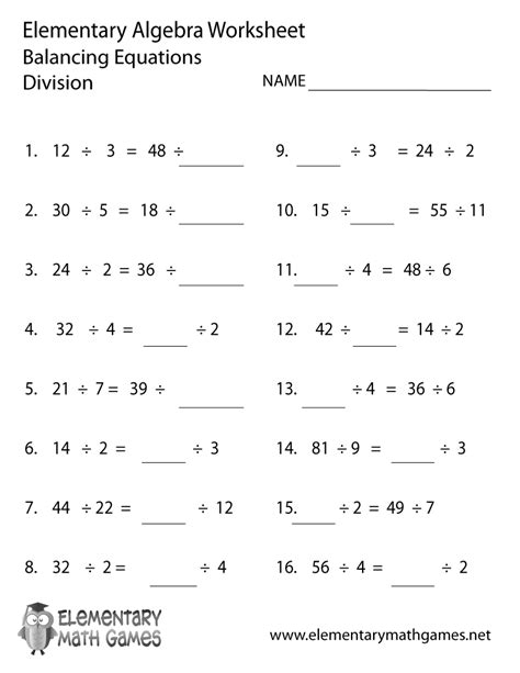 Elementary Algebra Division Worksheet