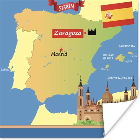 Poster Tekening Van De Kaart Van Spanje Met Zaragoza 75x75 Cm Bol