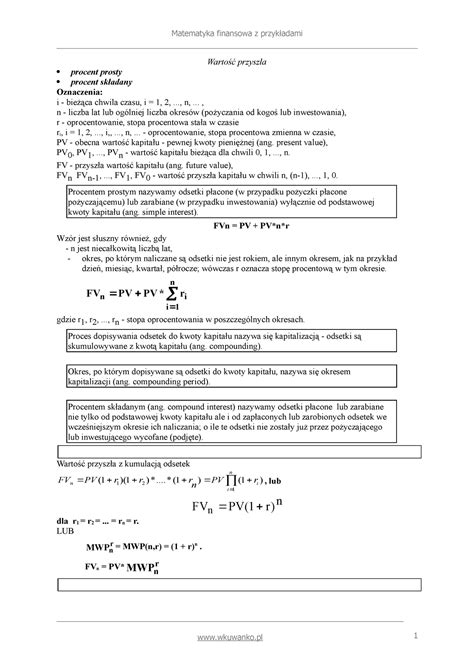 Matematyka Finansowa Stron Warto Przysz A Procent Prosty