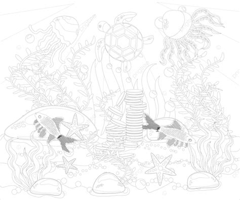 Underwater World Coloring Adult Illustration Underwater Illustration