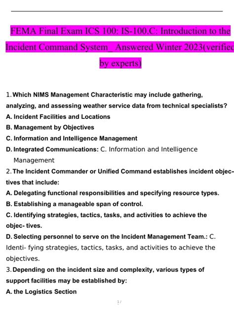 FEMA Final Exam ICS 100: IS-100.C: Introduction to the Incident Command System; Answers verified ...