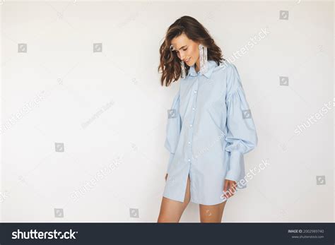 Attractive Brunette Woman Wear Blue Shirt Stock Photo Shutterstock