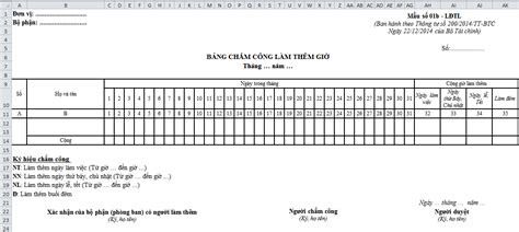 Mẫu Bảng Chấm Công Làm Thêm Giờ Theo Thông Tư 200 Trên Excel