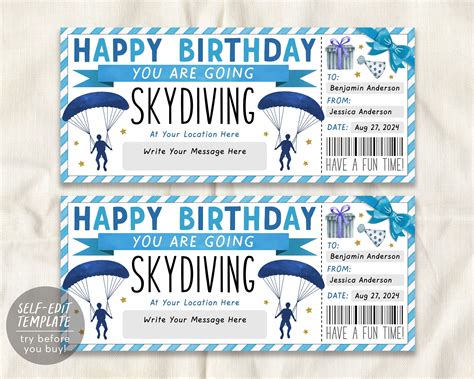 Skydiving Ticket Gift Certificate Ticket Editable Template, Birthday T