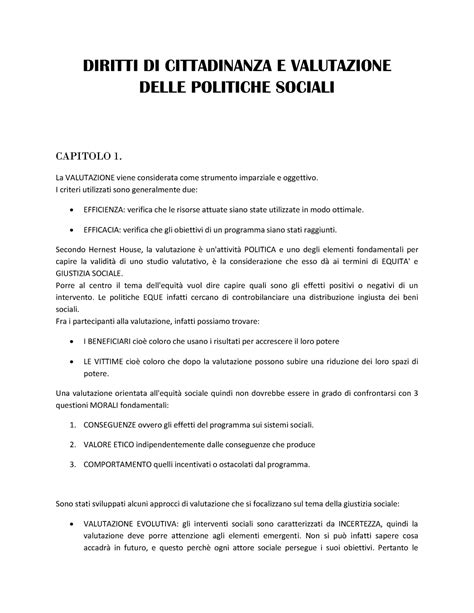 Riassunto Politica Sociale Diritti Di Cittadinanza E Valutazione