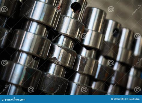 Stacks Of Steel Rollers With Holes In Plant Warehouse Stock Image