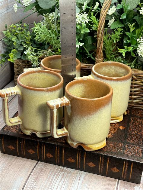 Four Vintage Frankoma Pottery C1 Brown Tan Footed Coffee Tea Cup Mug