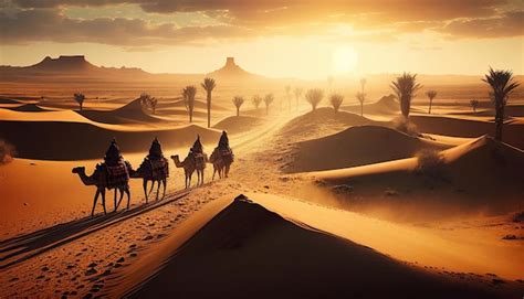 Premium Photo Camels In The Desert With A Sunset In The Background