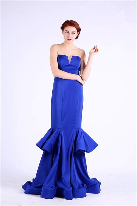 Mermaid Strapless Royal Blue Satin Ruffle Special Occasion Evening Dress