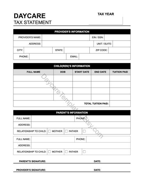 Editable Daycare Tax Statement Form Daycare Tax Receipt Daycare Tax