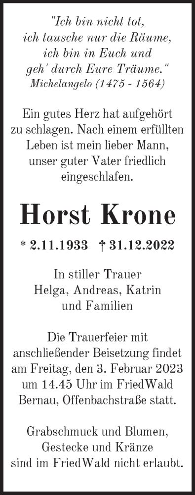 Traueranzeigen Von Horst Krone M Rkische Onlinezeitung Trauerportal