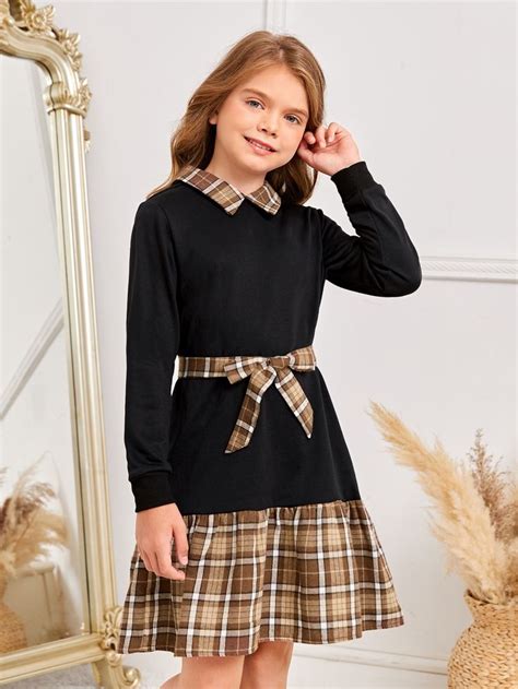 Black Casual Collar Long Sleeve Fabric Tartan Dress Embellished Slight