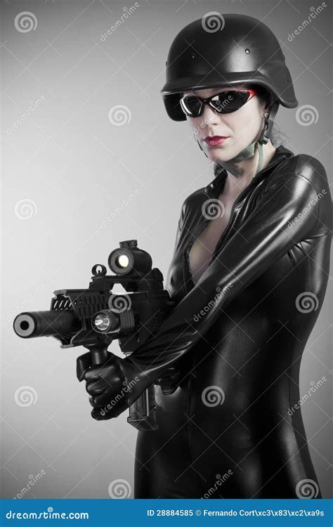 Sexy Brunette Woman With Gun Royalty Free Stock Photography CartoonDealer 43358507