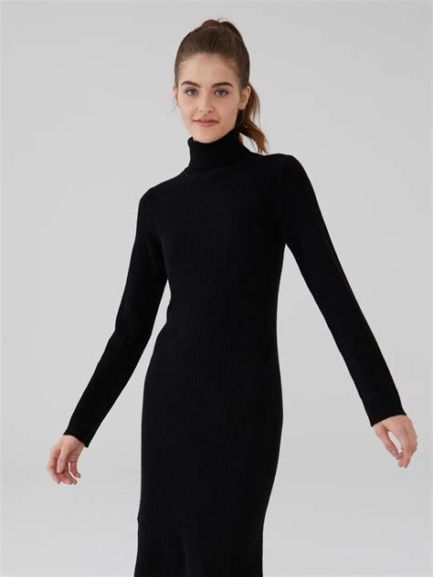 Wool Cashmere Ribbed Turtleneck Dress Turtle Neck Dress Ribbed