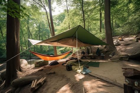 Premium Ai Image Campsite With Large Canopy Tent And Hammock For