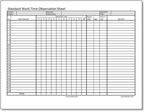 Time Observation Sheet Form For Documenting Lean Standard Work Worksheets Library