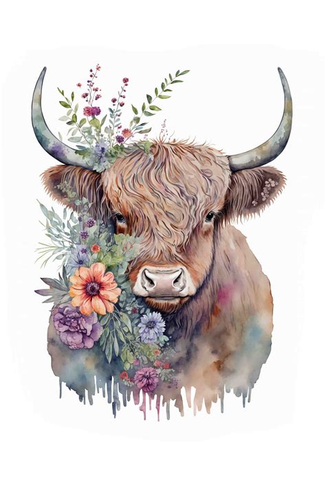 Watercolor Adorable Highland Cow With Flowers Wall Art Digital Art