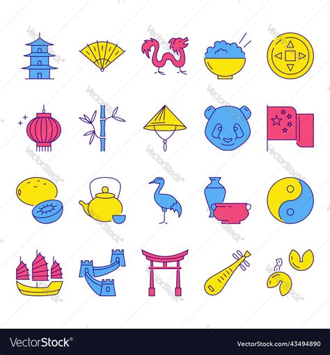 China Icon Set In Colored Line Style Royalty Free Vector