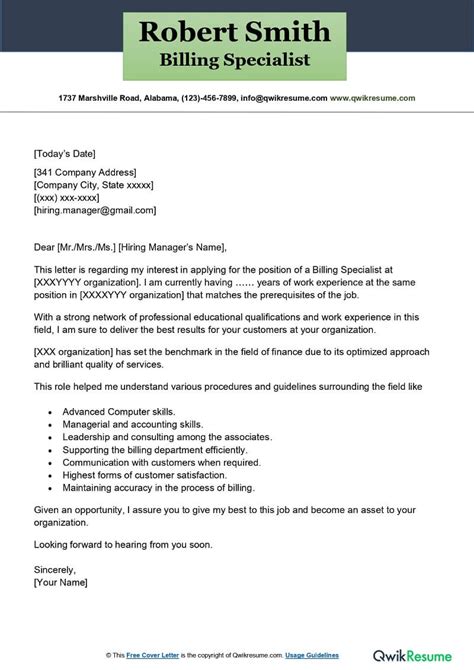 Billing Specialist Cover Letter Examples Qwikresume