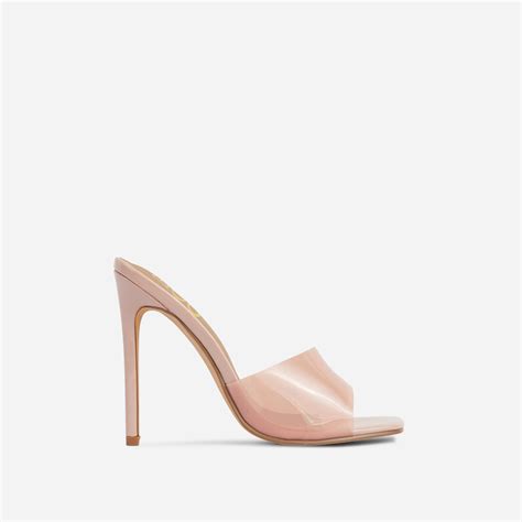 Cyan Square Peep Toe Perspex Heel Mule In Cloudy Nude Patent Nude