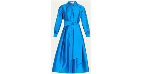 Teri Jon Eyelet Collar And Sleeve Taffeta Shirtdress In Blue Lyst