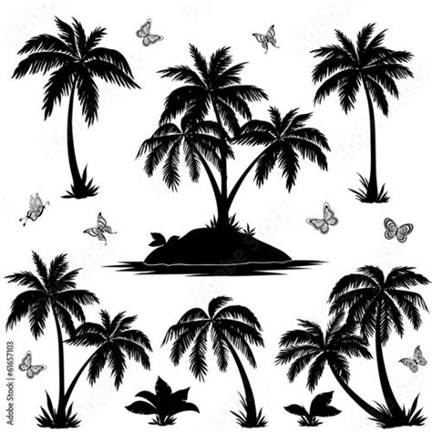 Tropical Island Palms And Butterflies Silhouettes Vector Flowers Palm Tree Silhouette Palm