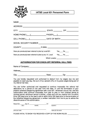 Fillable Online IATSE Local 631 Personnel Form Fax Email Print PdfFiller