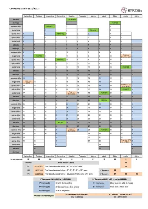 Calendário Escolar Agrupamento Templários Ano Letivo 2021 2022 By Tomar